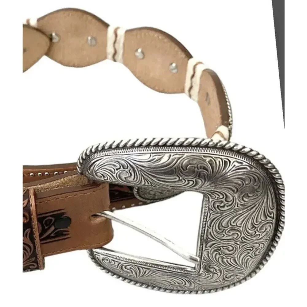 Justin Women's Belt Western Leather Vintage Unisex Sz  28-30 TAN Brown Tooled